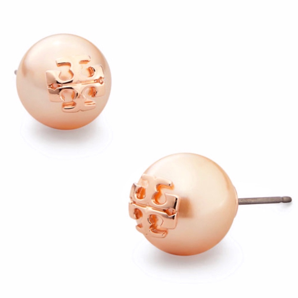 TORY BURCH • Rose Gold Evie Logo Pearl Earrings - Picture 4 of 7